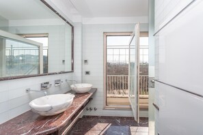 Shower, hair dryer, bidet, towels