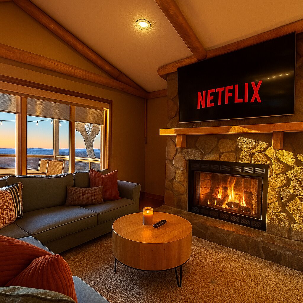 Smart TV, fireplace, video games