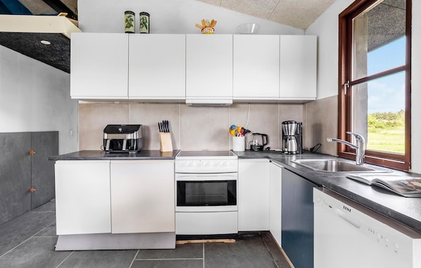 Fridge, stovetop, dishwasher, coffee/tea maker