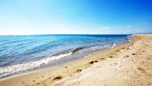 Ein Strand mit klarem, blauem Wasser und einem sandigen Ufer.