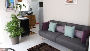 A living room with a grey sofa, a potted plant, and a rug.