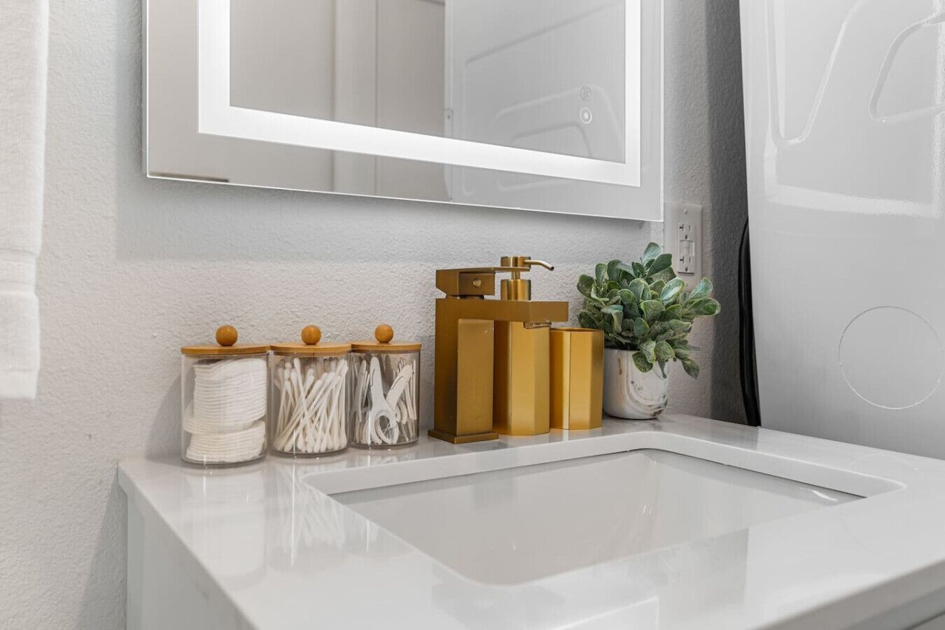 A bathroom with a white sink, a mirror, and a potted plant.