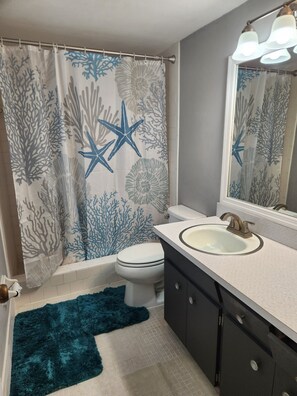 Hair dryer, towels, soap, shampoo