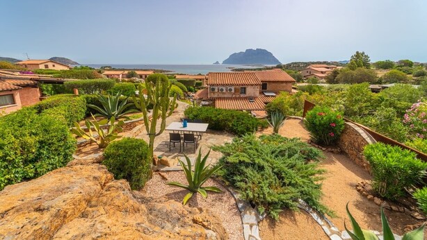 A residential area with a house featuring a tiled roof, surrounded by lush greenery and a view of the sea.