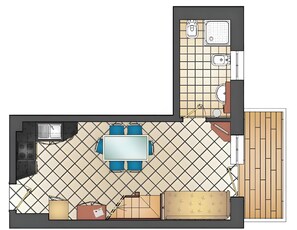 Una cocina con mesa, pileta y estufa.