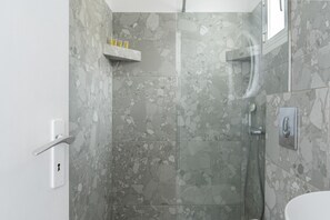 Shower, hair dryer, towels