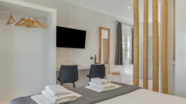 Habitación de hotel con una cama, dos sillas, un televisor, un espejo y un armario con perchas de madera.