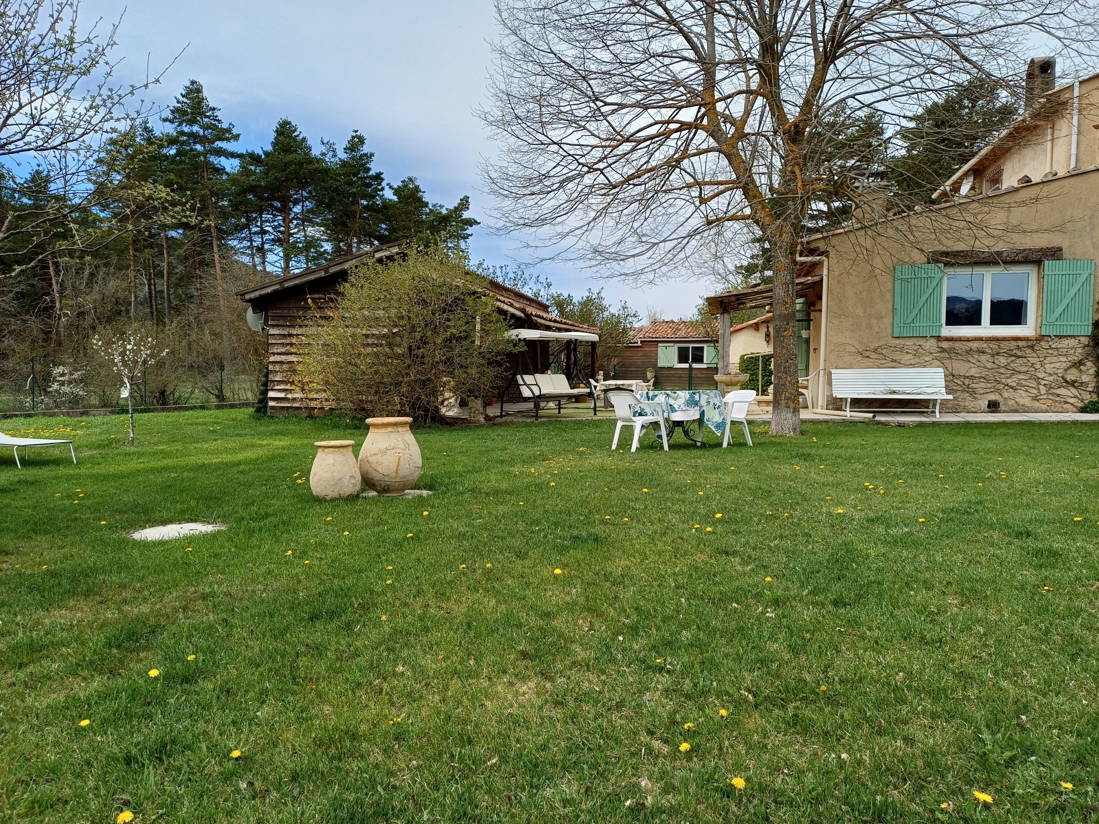 A rustic outdoor area with a wooden cabin, a stone building with green shutters, and a grassy lawn with dandelions.
