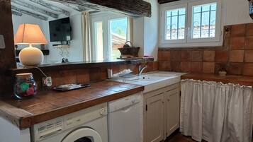 Fridge, microwave, coffee/tea maker, cookware/dishes/utensils