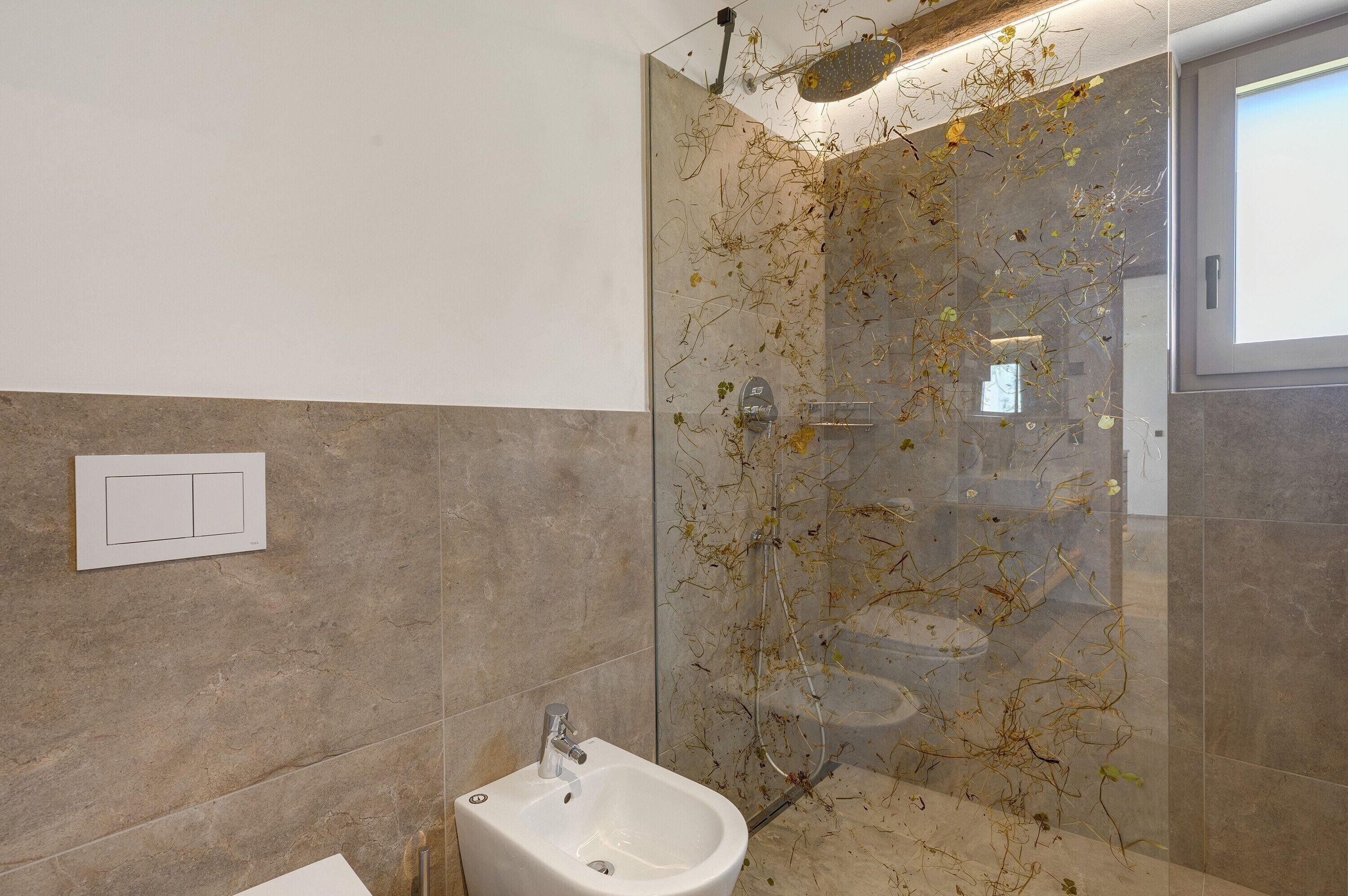 Een badkamer met een douchecabine van glas, een hygiënezitje en een handdoekhouder.