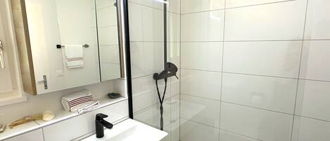 A modern bathroom with a white sink, a mirror, and a glass-enclosed shower.