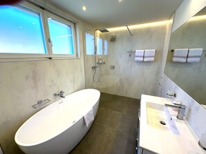 Shower, free toiletries, hair dryer, towels