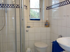 A bathroom with a glass shower enclosure, a toilet, and a sink.