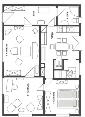 A floor plan with two bedrooms, a living room, a kitchen, a bathroom, and a dining area.