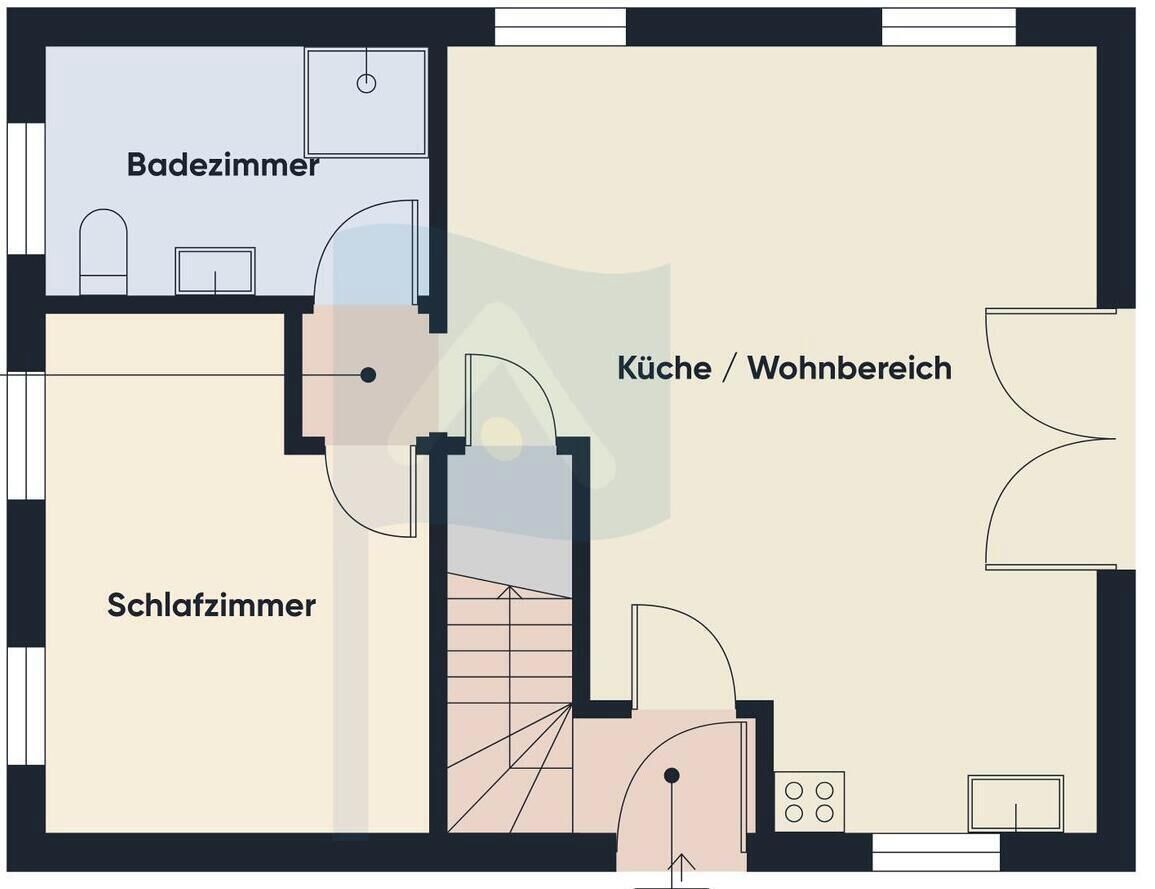 Een plattegrond met een slaapkamer, badkamer, keuken en woonruimte.