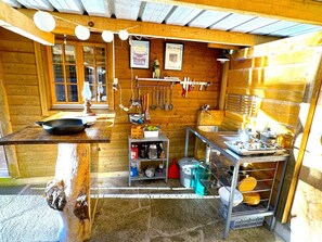 Fridge, stovetop, coffee/tea maker, cookware/dishes/utensils