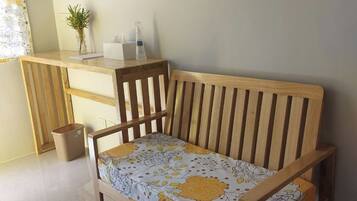 Desk, laptop workspace, blackout curtains, free WiFi