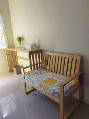 Desk, laptop workspace, blackout curtains, free WiFi