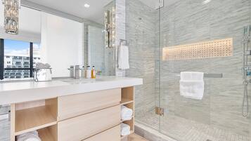 Shower, hair dryer, bidet, towels
