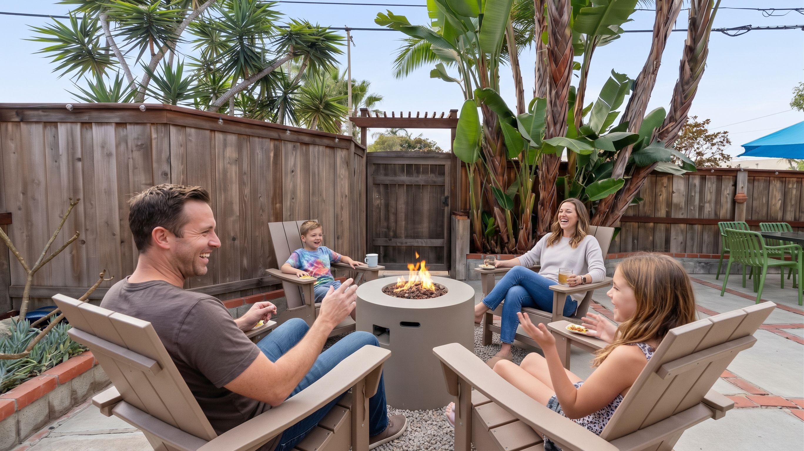 Une famille est assise autour d’un foyer circulaire dans un espace extérieur aménagé en terrasse, avec des meubles en bois et des plantes tropicales.