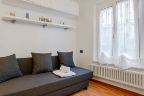 A modern living room with a grey sofa, white radiator, and a window with sheer curtains.