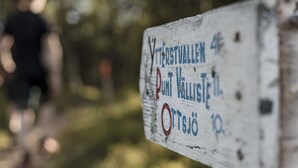 Et vejrbidt skilt med tekst på et fremmedsprog, monteret på en pæl.