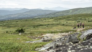 Et bjergrigt landskab med en gruppe mennesker, der vandrer på en sti.