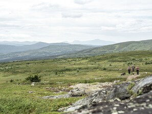 Paisaje montañoso con un grupo de personas caminando por un sendero.