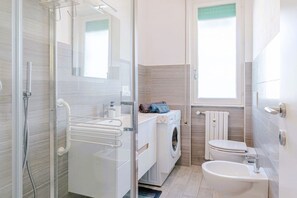 Shower, hair dryer, bidet, towels