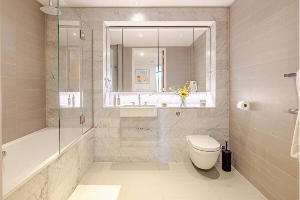 Hair dryer, towels, soap, toilet paper