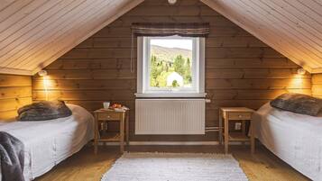 Une chambre mansardée chaleureuse avec deux lits, une fenêtre donnant sur un beau paysage et un radiateur.