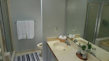 Shower, hair dryer, towels, soap