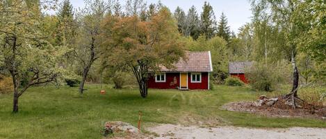 A red house surrounded by trees and a gravel path.