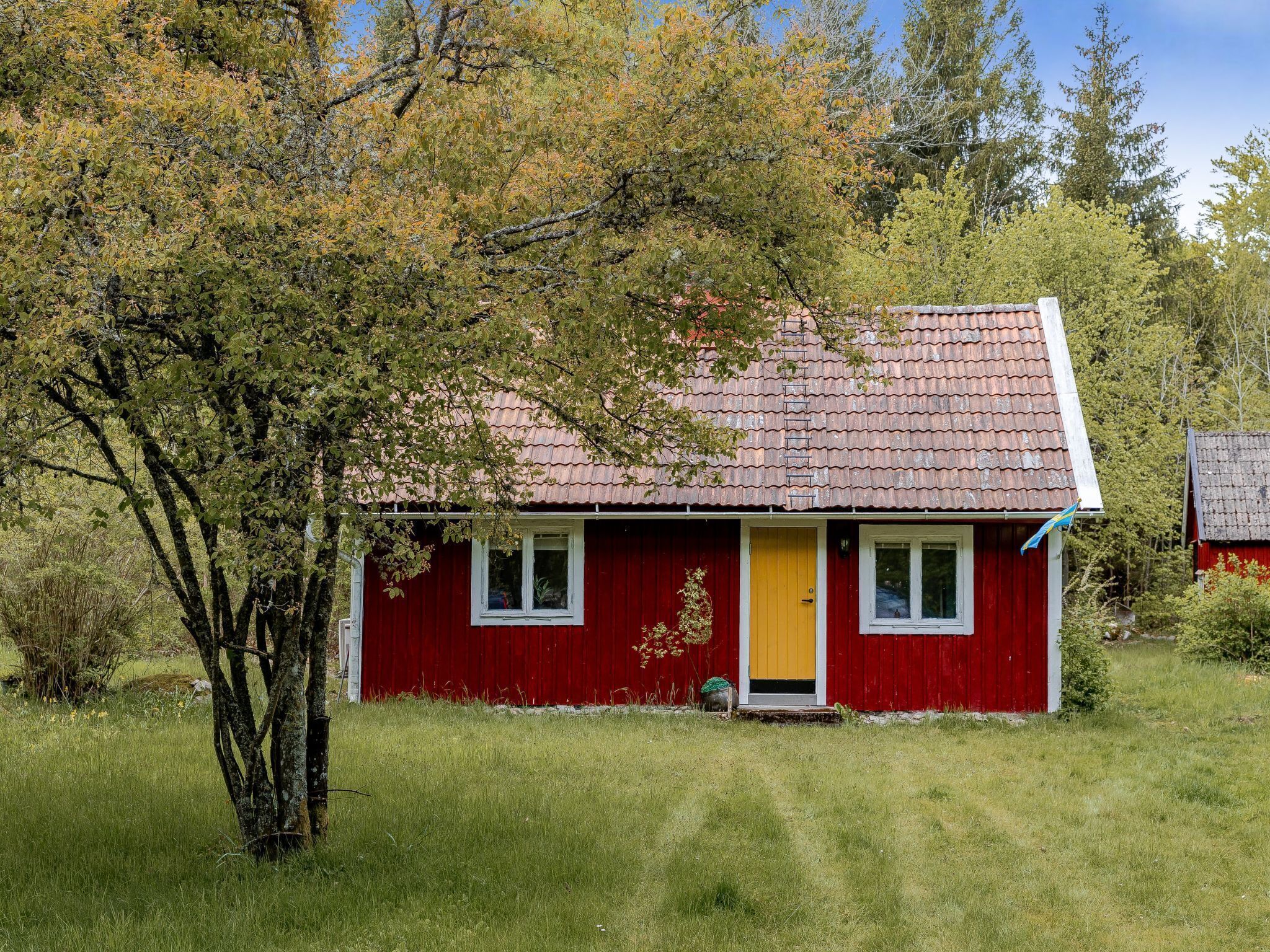 A red house with a yellow door, surrounded by grass and trees.