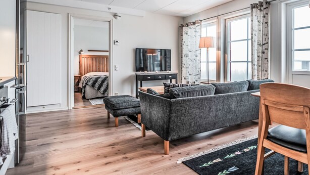 Ein modernes Wohnzimmer mit Sofa, Hocker und Fernseher.