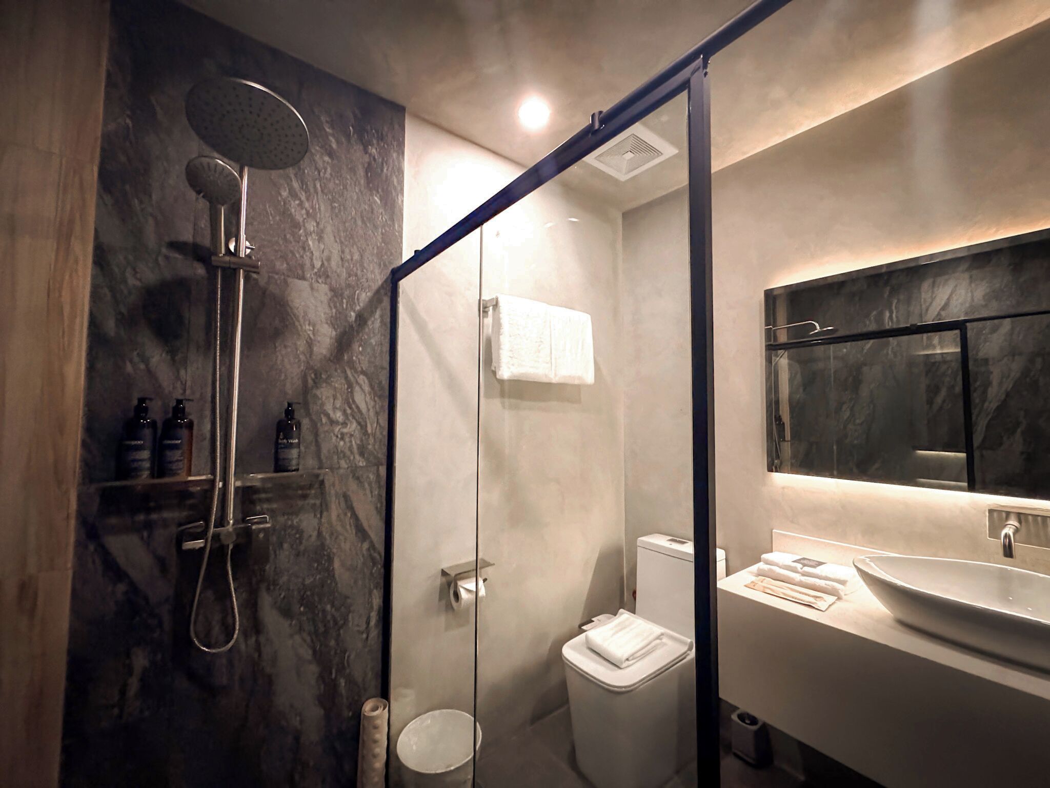 Une salle de bain moderne avec une douche à parois de verre, des toilettes et un meuble-lavabo avec un miroir.