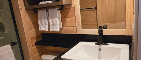Une petite salle de bain comprenant des toilettes, un lavabo et une cabine de douche en verre.