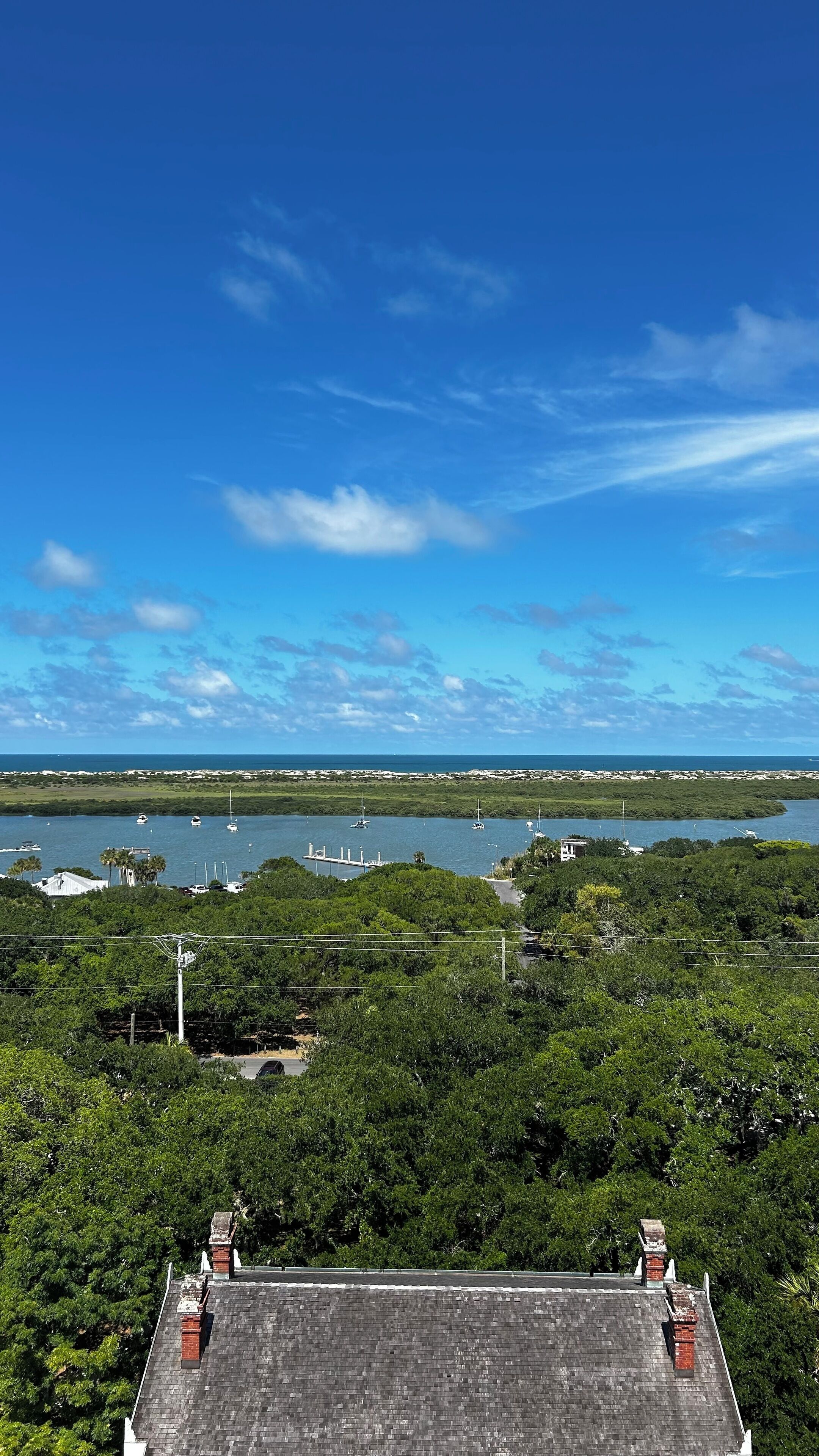 A coastal view with a clear sky, a marina with boats, and lush greenery.