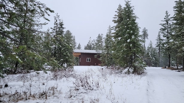Una cabaña rodeada de árboles cubiertos de nieve y un paisaje nevado.