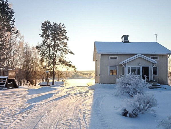 A snow-covered house with a clear sky, a pathway leading to the entrance, and a small bush in the foreground.