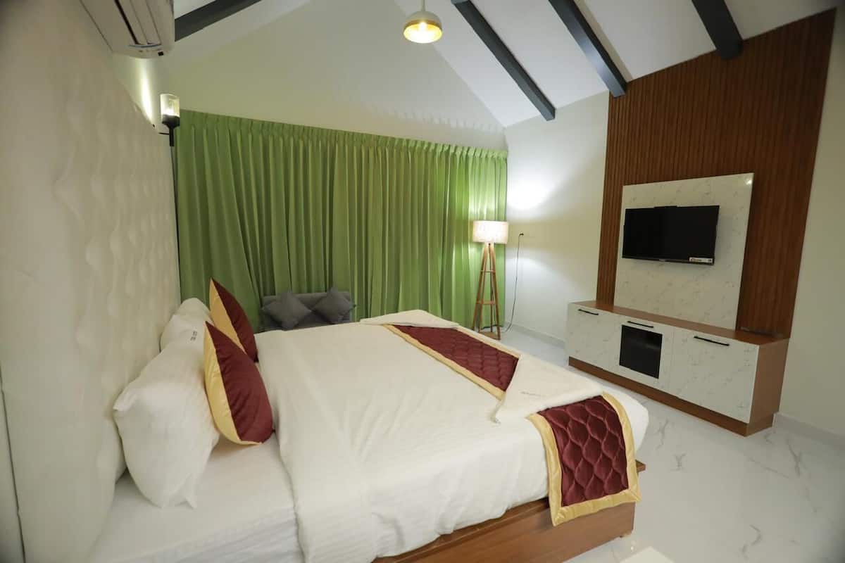 A hotel room with a bed, a TV, a lamp, and a green curtain.