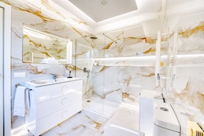 Shower, hair dryer, towels