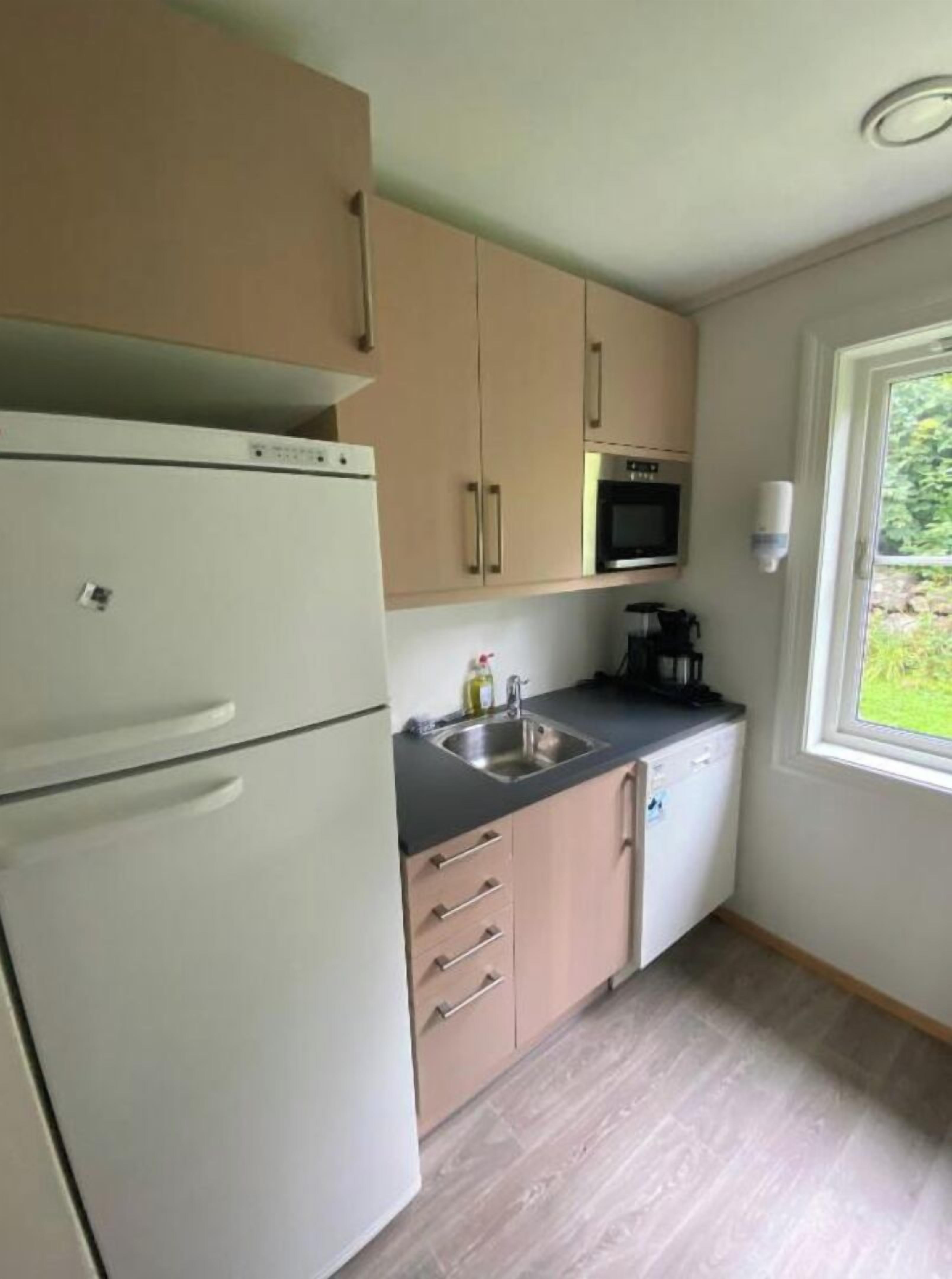A compact kitchen with a refrigerator, microwave, sink, and a window providing a view of greenery outside.