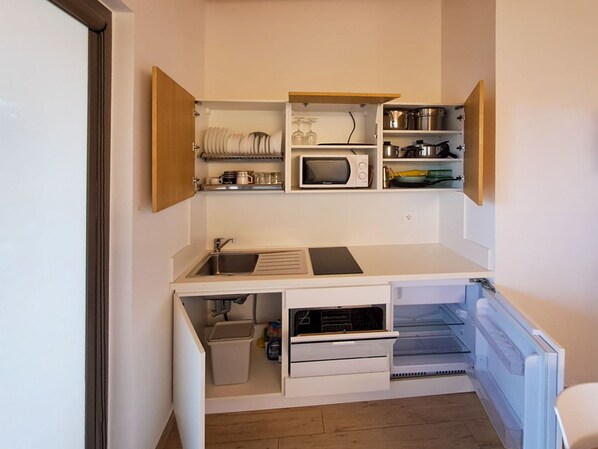 Fridge, microwave, dishwasher, cookware/dishes/utensils