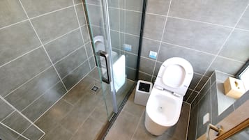 Hair dryer, slippers, towels, soap