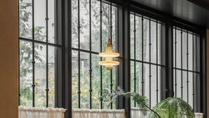 Un coin repas avec une table ronde, des chaises noires, une plante en pot et un luminaire suspendu.