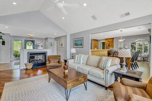 TV, fireplace, books