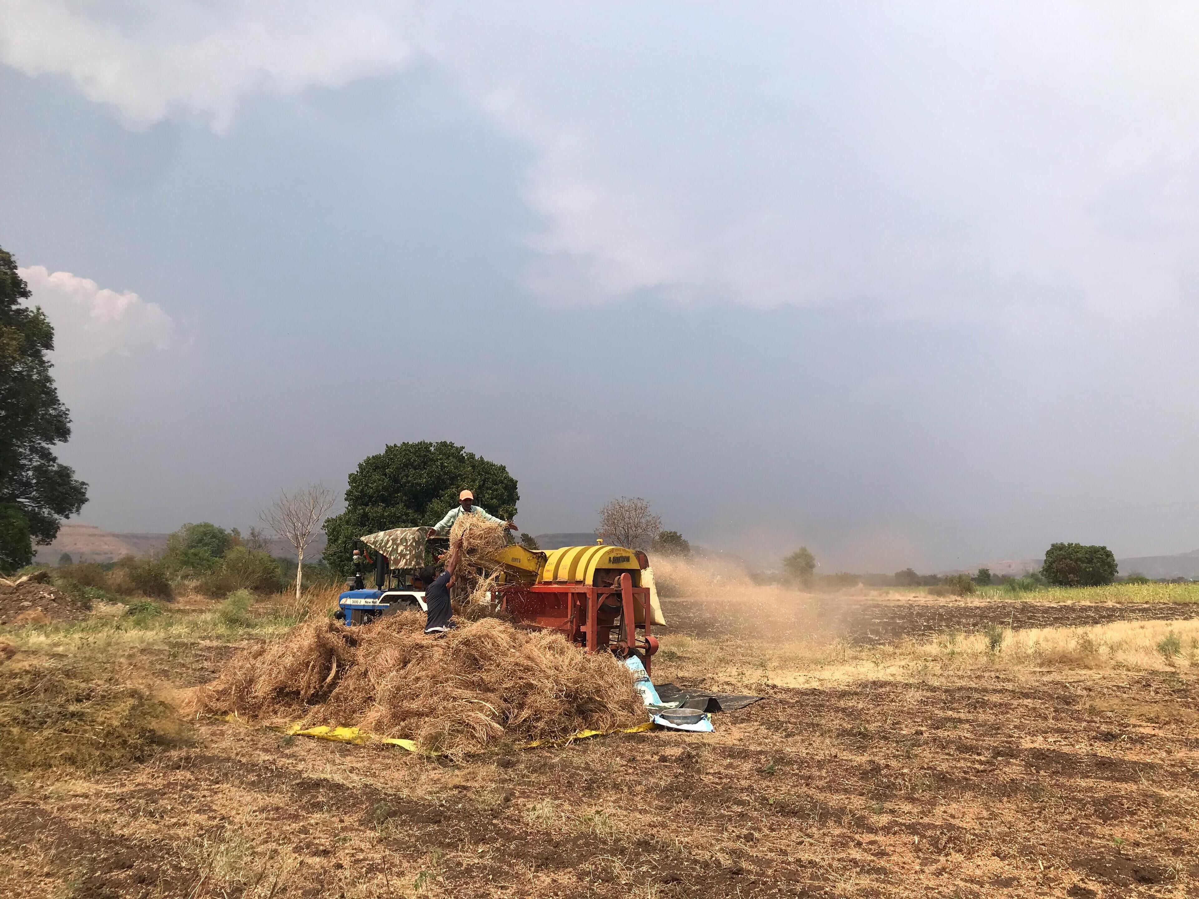 A rural agricultural scene with a person handling hay near a yellow and red agricultural machine.