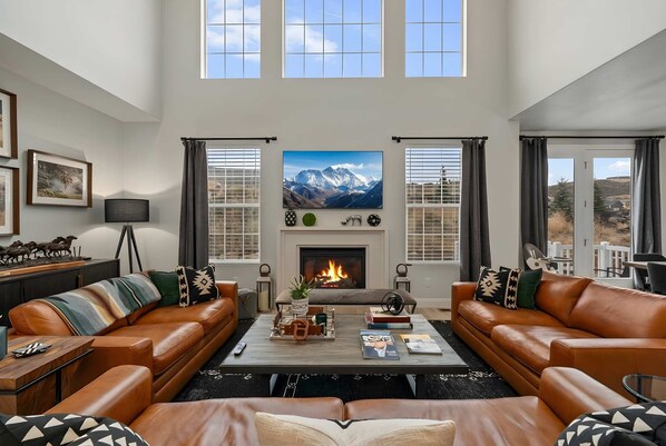 TV, fireplace, books, offices