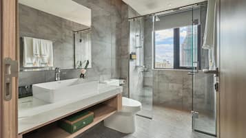 Bathrobes, slippers, towels, soap